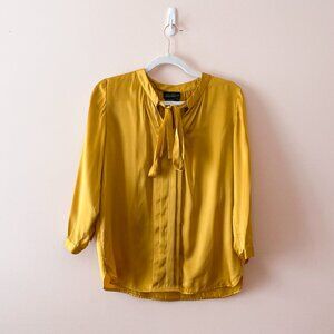 Luisa Spagnoli • 100% Silk Golden Dandelion Yellow Bow Tie Neck Pleat Blouse • S